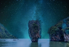природа, ночь, звёзды, красиво, скала, деревья, вода, отражение