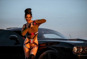 Anna Shakhovskaya, Cyberpunk, Cyberpunk 2077, Panam Palmer, dodge challenger, video games girl, video games, leather jacket, women outdoors, sky, bodysuit, gloves