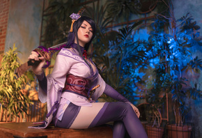 Anastasia Komori, Shogun Raiden, Genshin Impact, cosplay, video games, video game girls, women, model, brunette, kimono, sword, lingerie, bra, purple bra, neckline, women indoors, sitting, plants