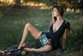 women, dress, sitting, strategic covering, grass, women outdoors, apples, b ...