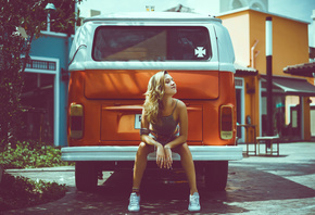 women, model, brunette, Volkswagen Bus, women with cars, Volkswagen, women  ...