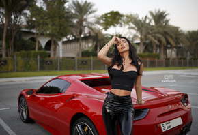 women, black latex, closed eyes, black clothing, car, necklace, Ferrari, pa ...