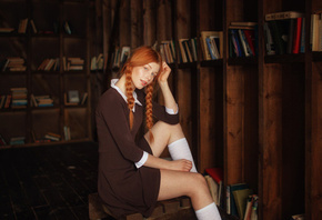 Anastasia Zhilina, women, model, redhead, braids, women indoors, dress, socks, sitting, library