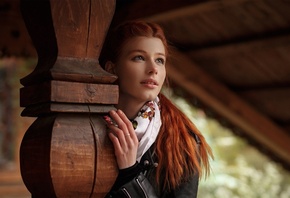 Anastasia Zhilina, women, model, redhead, women outdoors, leather jacket