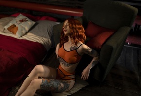 women, redhead, orange lingerie, see-through lingerie, nipples through clot ...