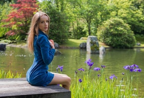 women, model, brunette, women outdoors, nature, lake, trees, flowers, sitting, looking at viewer, dress, blue dress