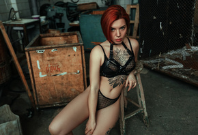 women, redhead, Ilya Dushutin, black lingerie, tattoo, polka dots, belly, w ...