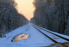 зима, снег, лес, железная дорога