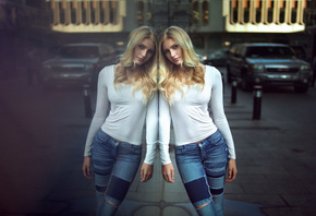 улица, девушка, поза, блондинка, отражение