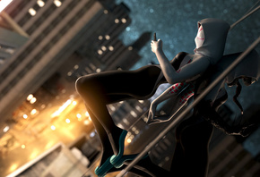 Ithius Eiros, spider gwen, Digital 3D, city, night, Comic Art, Gwen Stacy, Marvel Comics, Ghost Spider, Spider-Girl, women, digital art, Venom