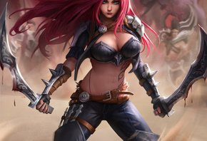 Katarina, League of Legends, women, redhead, video game girls, video games, sword, tattoo, armor, blue eyes, belly, belly button, weapon, scar