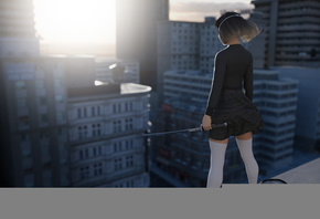 Ithius Eiros, women, brunette, sweater, skirt, miniskirt, white stockings, stockings, katana, city, 3D, building, digital art, shoes