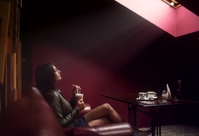 Sergey Sorokin, women, model, brunette, couch, women indoors, table, miniskirt, fishnet stockings, sitting, leather jacket, coffee