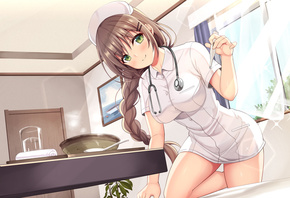 Utsurogi Akira, women, brunette, nurse outfit, anime girls, nurses, stethoscope, bed, window, green eyes, table, digital art