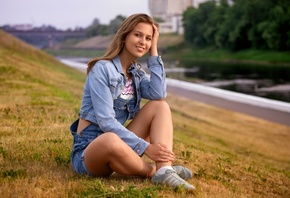 Alexei Shipulia, women, model, brunette, women outdoors, overalls, jean sho ...