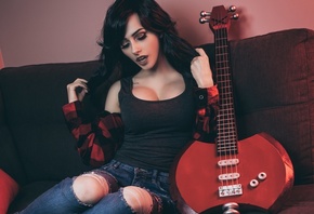 Taylor Bloxam, women, model, brunette, cosplay, women indoors, indoors, couch, electric guitar, jeans, t-shirt, plaid shirt, torn jeans, tattoo, neckline, makeup