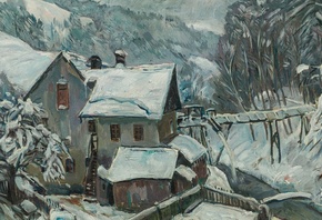Эрнст Хубер, Ernst Huber, австрийский художник, WInter landscape with mill, Зимний пейзаж с мельницей