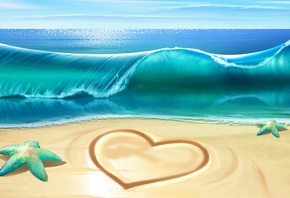 море, волны, пляж, сердце, waves, морская, звезда, beach, sea, heart, starfish