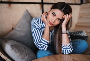 women, model, brunette, women indoors, Asian, jeans, striped shirt, couch, table, watch, sitting