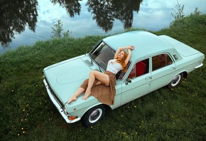 women, redhead, dress, car, top view, river, grass, women outdoors, ass, closed eyes, polka dots, women with cars