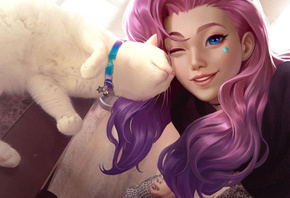 Kudos Productions, Seraphine (League of Legends), League of Legends, KDA Seraphine, women, purple hair, blue eyes, cat, KDA, fictional character, fan art, video games, video game girls, digital art, white cats