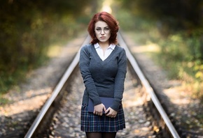 women, model, redhead, women outdoors, railway, woman with glasses, schoolgirl, school uniform, glasses, skirt, sweater, shirt, books, black stockings, stockings