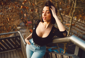 David Mas, women, model, brunette, women outdoors, jeans, blouse, closed eyes, open mouth, trees, neckline