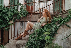 Sergey Freyer, women, model, redhead, women outdoors, sitting, green dress, dress, stairs, boots, plants, freckles