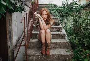 Sergey Freyer, women, model, redhead, women outdoors, sitting, green dress, dress, stairs, boots, plants, freckles