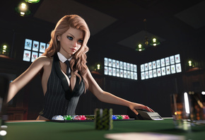 Ithius Eiros, Casino, women, digital art, 3D, Character Design, vest, tie, necktie, gambling, cards, poker