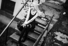 women, model, blonde, women outdoors, monochrome, dress, black dress, black stockings, stockings, stairs