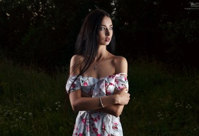 Sergey Pak, women, model, brunette, women outdoors, nature, dress, trees, grass, looking away
