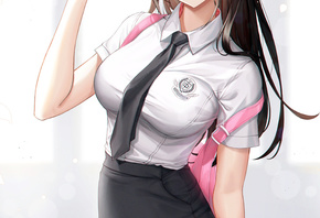 women, anime girl, brunette, school girl, school uniform, window, shirt, white shirt, miniskirt, digital art, blue eyes, necktie, tie, lollipop, backpack, headband