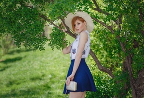 Anastasia Zhilina, redhead, women, model, women outdoors, blue skirt, skirt ...