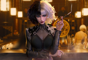 Tangqiuqiu, Cruella De Vil, Cruella, women, bar, digital art, cigarettes, smoke, 3D, Fan Art, Disney, multi-colored hair