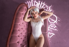 women, white hair, bodysuit, women indoors, top view, wigs, hips, red lipstick, white clothing, painted nails