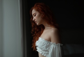 women, model, redhead, blouse, women indoors, curly hair