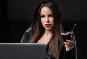 women, model, brunette, women indoors, soda, sweatshirt, red lipstick, face, brown eyes, laptop, looking at viewer, chair, sitting, depth of field