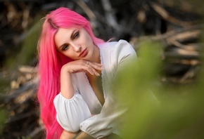 women, model, pink hair, nature, forest, white dress, dress, neckline, sitting, women outdoors