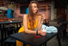 Dmitry Shulgin, women, model, blonde, women indoors, restaurant, yellow dre ...