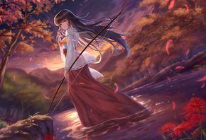 yelan xing xuan, kikyou Inuyasha, Inuyasha, anime, Kikyo, kimono, Anime, anime girls, miko, nature, trees, archer, stars, flowers, digital art