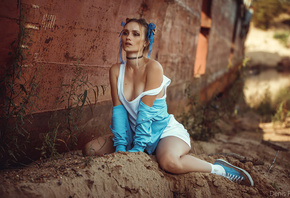 women, model, blonde, ass, women outdoors, hips, dress shirt, sitting, blue sweater, sweater, no bra, sneakers, converse, blue sneakers, neckline, boobs