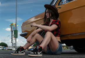 women, model, brunette, women outdoors, cowboy hats, plaid shirt, jean shorts, nike, sneakers, sitting, sky, clouds, women with cars, classic car, street, public, cowgirl