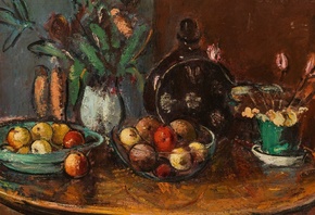 Anton Faistauer, Austrian, 1920, Fruit and Flower Still Life with Brown Bottle