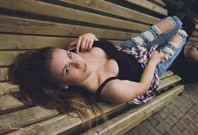 women, model, blonde, women outdoors, bench, jeans, T-shirt, black t-shirt, ...