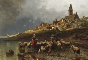 Christian Mali, German, 1871, Dutch coastal landscape with flock of sheep returning home