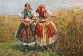 Othmar Ruzicka, Austrian, Two Girls in Sunday Garb Walking through a Cornfield