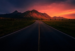 landscape, nature, road, mountains, sky, clouds, sunset, sunrise, trees, grass