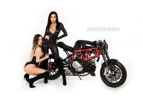 women, motorcycle, two women, white background, Aleksandr Semanin, black lingerie, black clothing, squatting, ass, open mouth, high heels, nipples through clothing