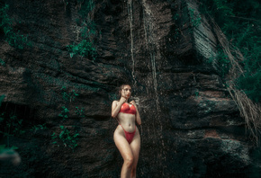 women, wet body, wet hair, waterfall, nature, red lingerie, belly, hips, women outdoors, see-through bra
